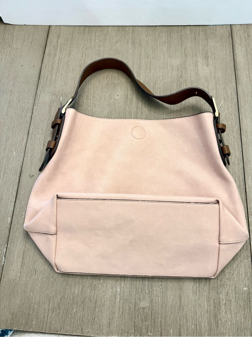 Blush Pink Faux Leather Hobo Shoulder Bag Brown Strap Soft Feminine - Picture 2 of 7